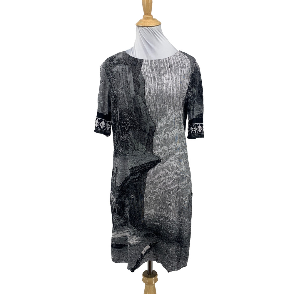 Desigual Dress Womens 40 White Gray Elbow Sleeve Sea Landscape Art To Wear Lined